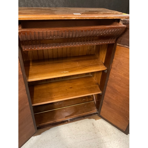 289 - VINTAGE MAHOGANY 2 DOOR CABINET WITH CARVED DECORATION TO FRONT WITH SHELVES, DRAWER AND SHOE RACK T... 