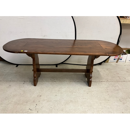 321 - REPRODUCTION OAK REFECTORY DINING TABLE WITH DROP LEAVES TO END H29”W54”EXT80”D30”