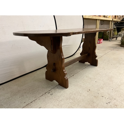 321 - REPRODUCTION OAK REFECTORY DINING TABLE WITH DROP LEAVES TO END H29”W54”EXT80”D30”