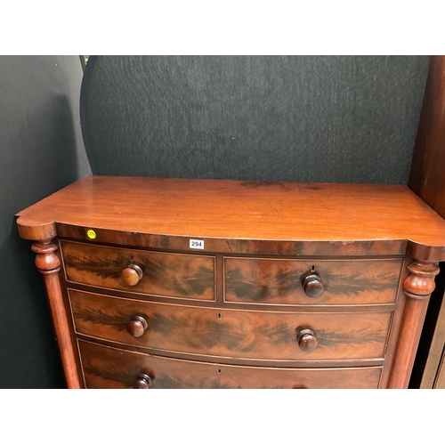 294 - VICTORIAN FLAMED MAHOGANY BOW FRONT 2 OVER 3 CHEST OF DRAWERS WITH COLUMN ENDS AND TURNED FEET WITH ... 