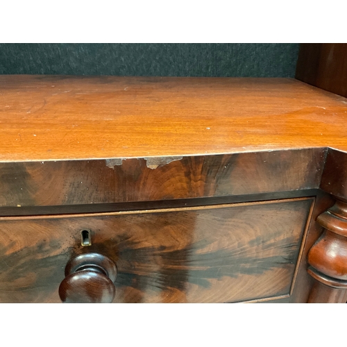 294 - VICTORIAN FLAMED MAHOGANY BOW FRONT 2 OVER 3 CHEST OF DRAWERS WITH COLUMN ENDS AND TURNED FEET WITH ... 