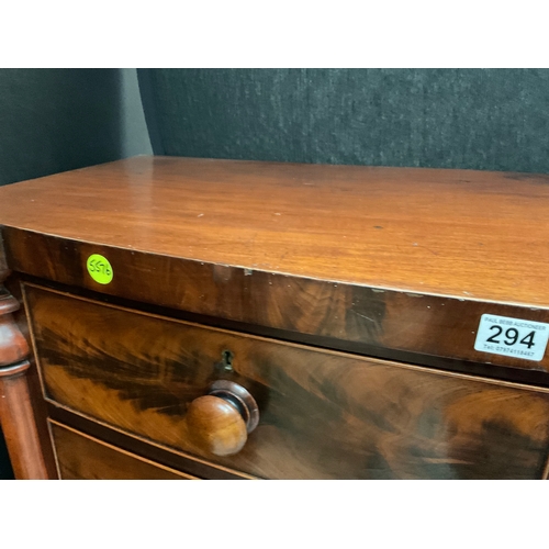 294 - VICTORIAN FLAMED MAHOGANY BOW FRONT 2 OVER 3 CHEST OF DRAWERS WITH COLUMN ENDS AND TURNED FEET WITH ... 