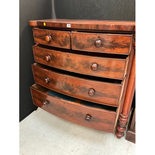 294 - VICTORIAN FLAMED MAHOGANY BOW FRONT 2 OVER 3 CHEST OF DRAWERS WITH COLUMN ENDS AND TURNED FEET WITH ... 