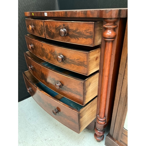 294 - VICTORIAN FLAMED MAHOGANY BOW FRONT 2 OVER 3 CHEST OF DRAWERS WITH COLUMN ENDS AND TURNED FEET WITH ... 