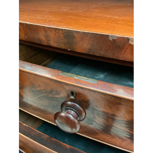 294 - VICTORIAN FLAMED MAHOGANY BOW FRONT 2 OVER 3 CHEST OF DRAWERS WITH COLUMN ENDS AND TURNED FEET WITH ... 