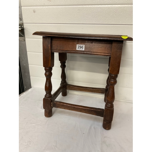 296 - OAK PEGGED AND DOWELLED STRETCHERED STOOL ON TURNED LEGS H18” W18” D12” A/F