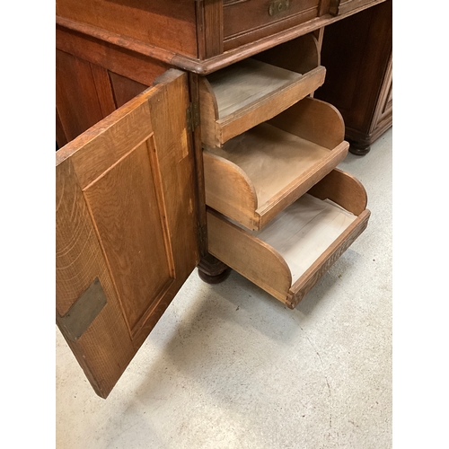 329 - VICTORIAN GERMAN OAK TWIN PEDESTAL KNEEHOLE DESK WITH GREEN BAIZE INSET TOP 3 DRAWERS BELOW LEFT PED... 