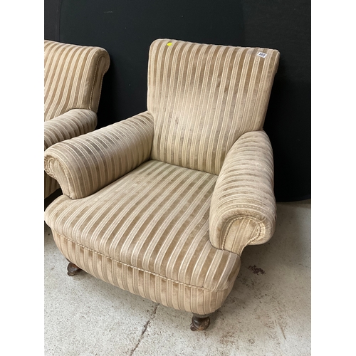 302 - 2 UPHOLSTERED HIS & HERS FIRESIDE CHAIRS  - 1 NEEDS ATTENTION