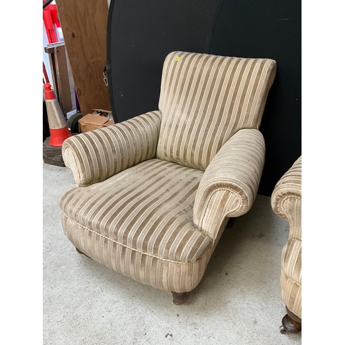 302 - 2 UPHOLSTERED HIS & HERS FIRESIDE CHAIRS  - 1 NEEDS ATTENTION