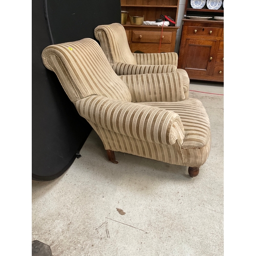 302 - 2 UPHOLSTERED HIS & HERS FIRESIDE CHAIRS  - 1 NEEDS ATTENTION