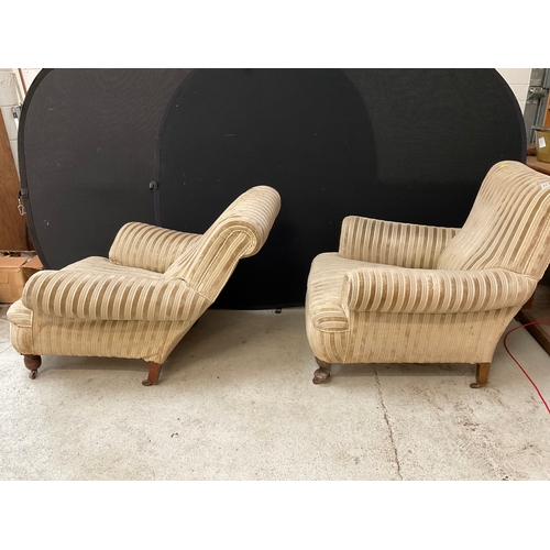 302 - 2 UPHOLSTERED HIS & HERS FIRESIDE CHAIRS  - 1 NEEDS ATTENTION