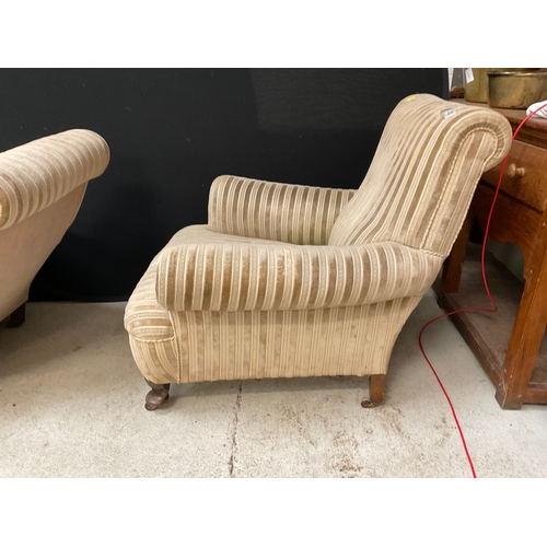 302 - 2 UPHOLSTERED HIS & HERS FIRESIDE CHAIRS  - 1 NEEDS ATTENTION