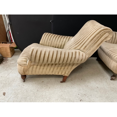 302 - 2 UPHOLSTERED HIS & HERS FIRESIDE CHAIRS  - 1 NEEDS ATTENTION