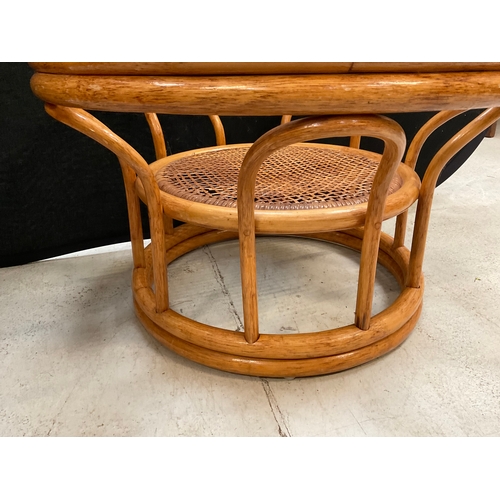 306 - BAMBOO GLASS TOPPED ROUND COFFEE TABLE WITH WITH MAGAZINE SHELF BELOW A/F H18” DIA 29”