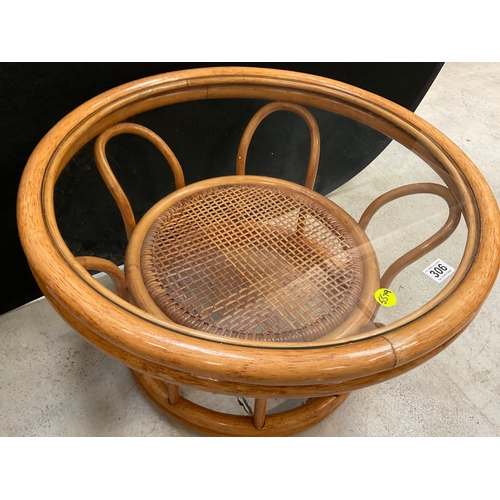 306 - BAMBOO GLASS TOPPED ROUND COFFEE TABLE WITH WITH MAGAZINE SHELF BELOW A/F H18” DIA 29”