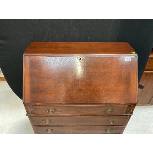 309 - VINTAGE OAK BUREAU WITH FITTED INTERIOR TO TOP A/F H39” W33” D18”