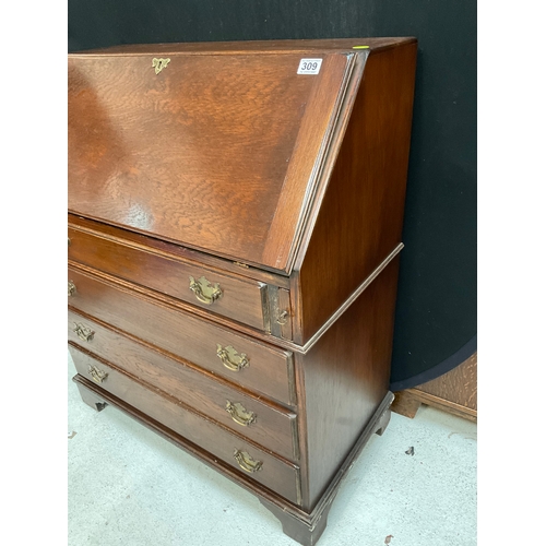 309 - VINTAGE OAK BUREAU WITH FITTED INTERIOR TO TOP A/F H39” W33” D18”