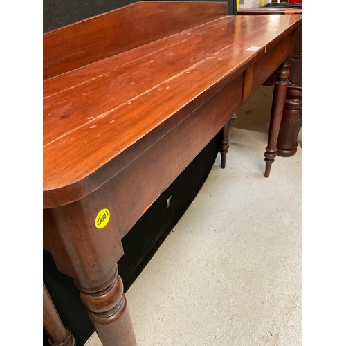 313 - VICTORIAN MAHOGANY CONSOLE TABLE ON TURNED LEGS AND GALLERY BACK A/F H36”W54”D15”