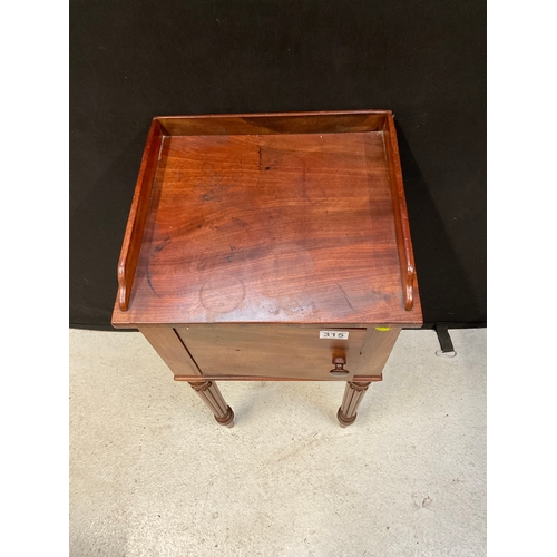 315 - VICTORIAN MAHOGANY POT CUPBOARD WITH SMALL GALLERY BACK SINGLE DOOR ON REEDED LEGS H31”W16”D14”