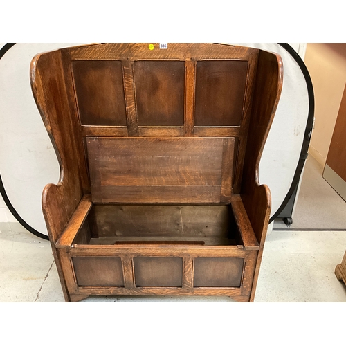 336 - VINTAGE OAK SETTLE WITH STORAGE H54”W42”D20”