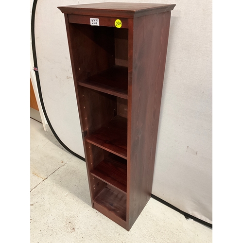 337 - STAINED PINE NARROW BOOKCASE WITH ADJUSTABLE SHELVES H48”W13”D12”