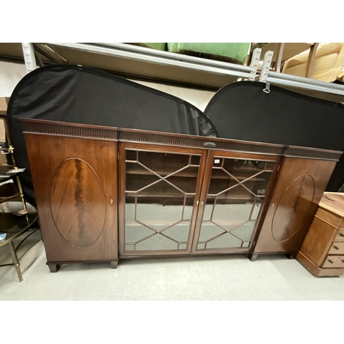 244 - GEORGIAN FLAMED MAHOGANY BOOKCASE WITH 2 CENTRAL ASTRAGAL GLAZED DOORS FLANKED BY 2 PANELLED DOORS O... 