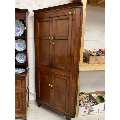 357 - GEORGIAN OAK DOUBLE CORNER CUPBOARD WITH KEY H84”W44”D25”