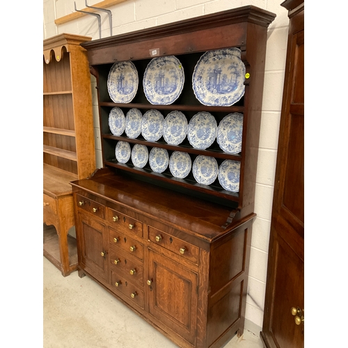 359 - EARLY OAK WITH MAHOGANY CROSS BANDING WELSH DRESSER WITH SHELVED RACK ,BASE WITH 6 DRAWERS AND 2 DOO... 