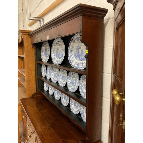 359 - EARLY OAK WITH MAHOGANY CROSS BANDING WELSH DRESSER WITH SHELVED RACK ,BASE WITH 6 DRAWERS AND 2 DOO... 