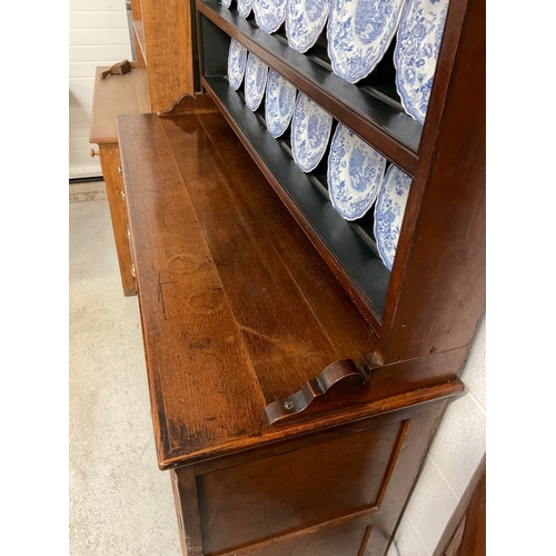 359 - EARLY OAK WITH MAHOGANY CROSS BANDING WELSH DRESSER WITH SHELVED RACK ,BASE WITH 6 DRAWERS AND 2 DOO... 