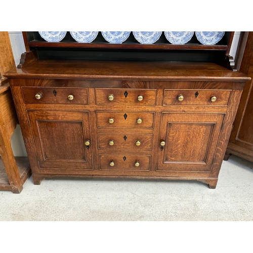 359 - EARLY OAK WITH MAHOGANY CROSS BANDING WELSH DRESSER WITH SHELVED RACK ,BASE WITH 6 DRAWERS AND 2 DOO... 