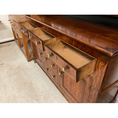 359 - EARLY OAK WITH MAHOGANY CROSS BANDING WELSH DRESSER WITH SHELVED RACK ,BASE WITH 6 DRAWERS AND 2 DOO... 