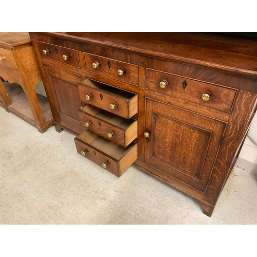 359 - EARLY OAK WITH MAHOGANY CROSS BANDING WELSH DRESSER WITH SHELVED RACK ,BASE WITH 6 DRAWERS AND 2 DOO... 