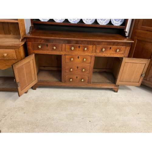 359 - EARLY OAK WITH MAHOGANY CROSS BANDING WELSH DRESSER WITH SHELVED RACK ,BASE WITH 6 DRAWERS AND 2 DOO... 