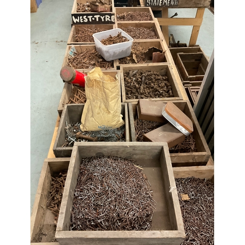 337 - QTY OF WOODEN BOXES OF HARDWARE TO INCLUDE NAILS,NUTS,BOLTS ETC