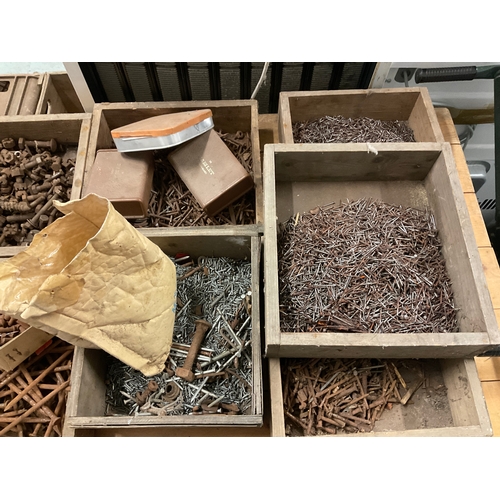 337 - QTY OF WOODEN BOXES OF HARDWARE TO INCLUDE NAILS,NUTS,BOLTS ETC