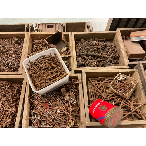 337 - QTY OF WOODEN BOXES OF HARDWARE TO INCLUDE NAILS,NUTS,BOLTS ETC
