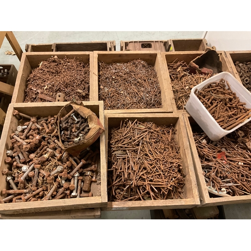 337 - QTY OF WOODEN BOXES OF HARDWARE TO INCLUDE NAILS,NUTS,BOLTS ETC