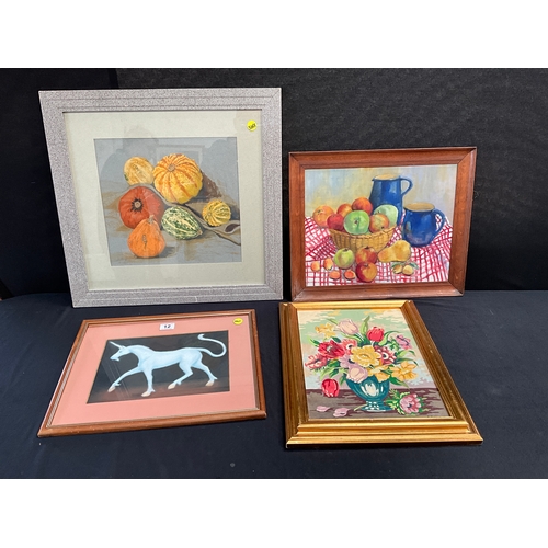 12 - 3 FRAMED STILL LIFE PICTURES AND UNICORN FRAMED PICTURE(LARGEST 24” x 24”)