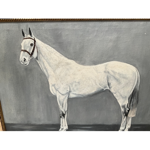 16 - VINTAGE FRAMED OILS ON CANVAS SIGNED J EVANSON 70 ENTITLED FAIR GRAB THE GREY MARE HUNTER 22” x 18”