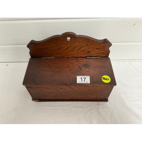 17 - EARLY OAK WALL HANGING SALT BOX H8” W11” D5”