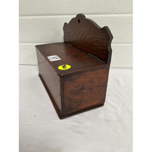 17 - EARLY OAK WALL HANGING SALT BOX H8” W11” D5”