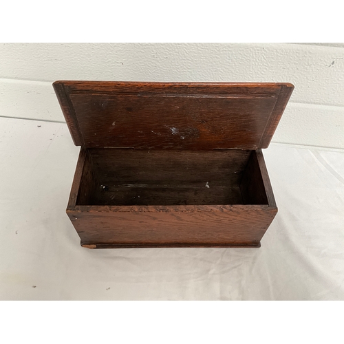 17 - EARLY OAK WALL HANGING SALT BOX H8” W11” D5”