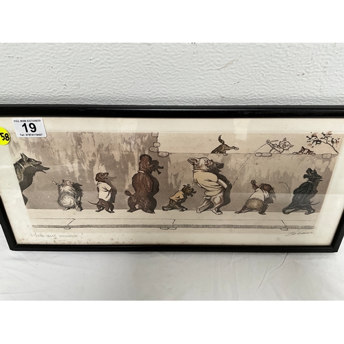 19 - VINTAGE FRAMED COMICAL WEEING DOG PRINT PENCIL SIGNATURE TO MARGIN (Boris O'Klein) 20” x 9”