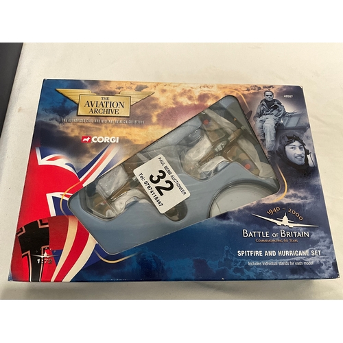 32 - 4 BOXED MODELS TO INCLUDE AVRO LANCASTER BOMBER, CORGI SPITFIRE & HURRICANE AND 2 BATTLESHIPS