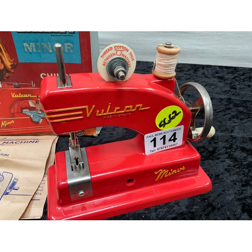 114 - VINTAGE VULCAN MINOR CHILD’S SEWING MACHINE WITH INSTRUCTIONS AND BOX.