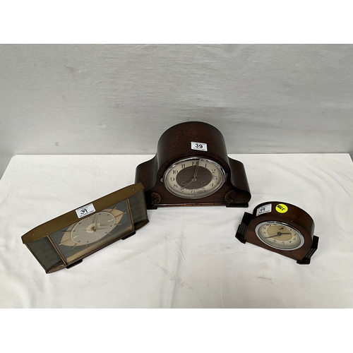 39 - 3  MANTEL CLOCKS TO INCLUDE VINTAGE METAMEC (need rewiring)& 2 OAK CASED MANTEL CLOCKS