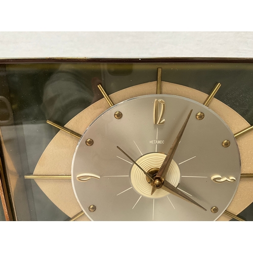 39 - 3  MANTEL CLOCKS TO INCLUDE VINTAGE METAMEC (need rewiring)& 2 OAK CASED MANTEL CLOCKS