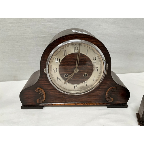 39 - 3  MANTEL CLOCKS TO INCLUDE VINTAGE METAMEC (need rewiring)& 2 OAK CASED MANTEL CLOCKS