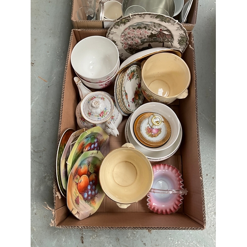 42 - 4 BOXES KITCHENWARE TO INCLUDE TEAPOTS, CHINA, MUG TREE, GLASS ETC